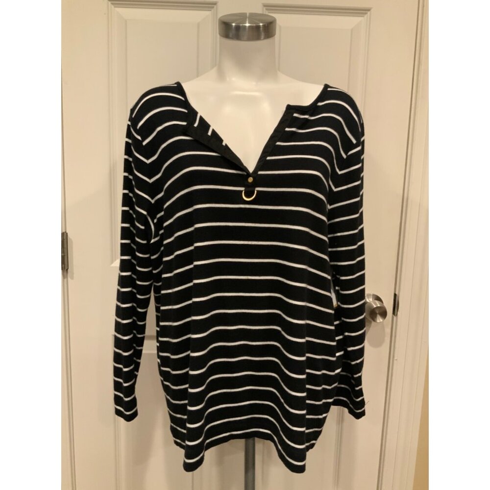 Lauren Ralph Lauren Navy Blue & White Striped V-Neck Shirt, Size 2X Plus